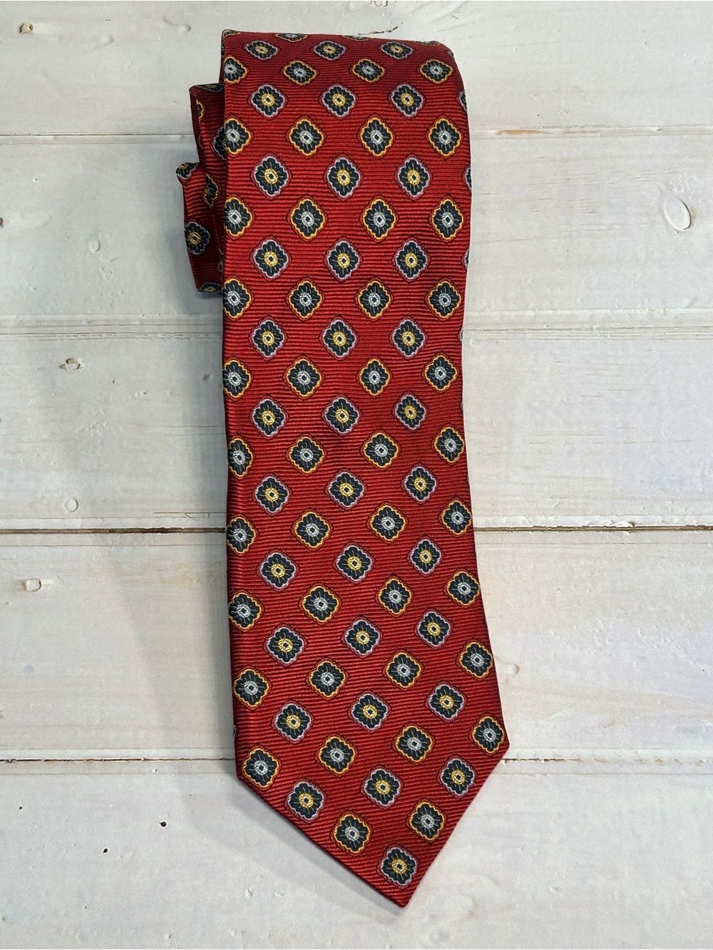 JZ RICHARDS Red Blue Medallion Luxury Silk Necktie Hand Made In USA Tie